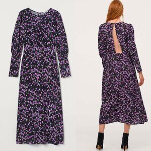 H&M retro black floral mutton sleeve open back midaxi maxi dress medium NWT